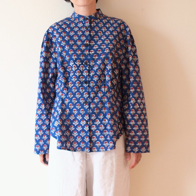 COTTON ブロックプリント インド綿 タックブラウス *ネイビー* size M