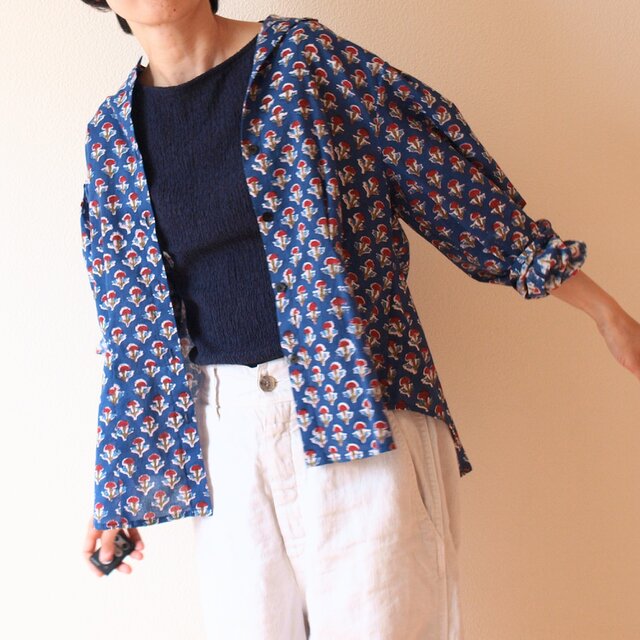 COTTON ブロックプリント インド綿 タックブラウス *ネイビー* size M 