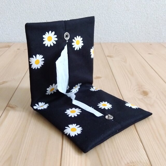 携帯ティッシュケース　ボックスティッシュから詰替え　花柄　デイジー　ブラック　371