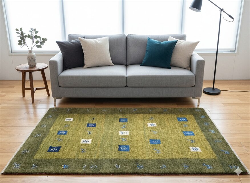 ペルシャ　ギャッベ　ソファー前　ハーフラグ　142x100㎝　黄緑色　パネル柄　BT12758