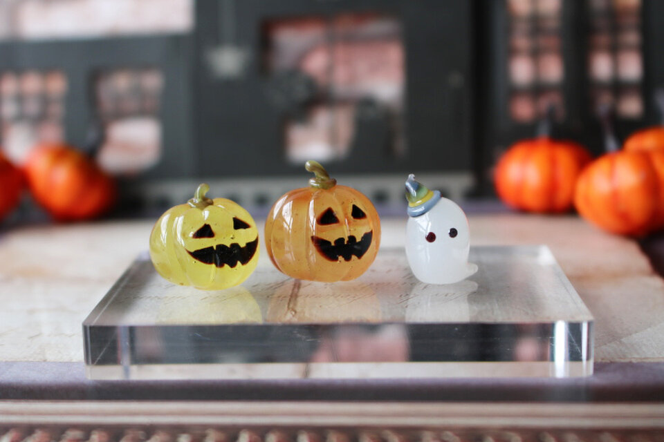ガラスのハロウィン　ミニチュアジャックオランタン＆ゴースト