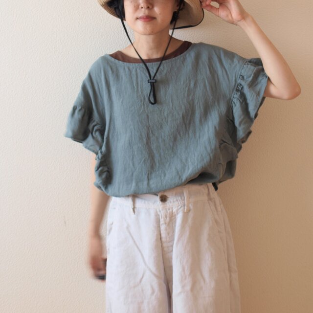 LINEN フリルスリーブブラウス *サックス* size FREE | iichi 日々の 