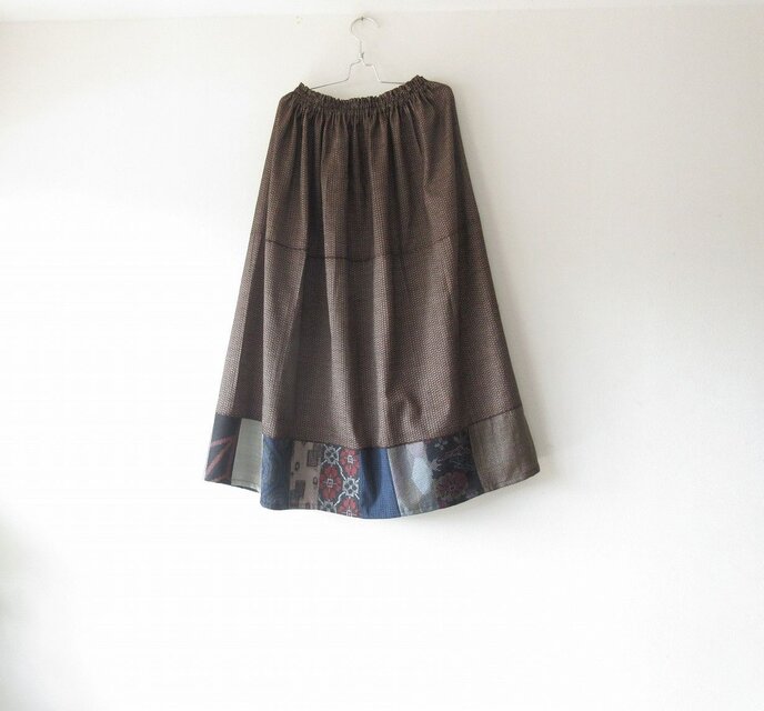 ☆大島紬着物ミディロングスカート☆裾パッチワーク♪/31ks047