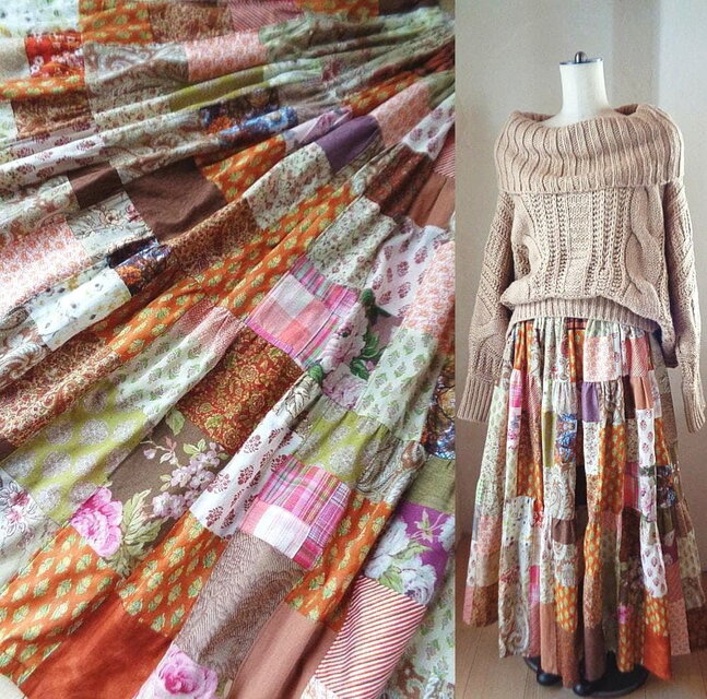 一点もの♥絵画なパッチワーク♥テラコッタベージュ♥超ボリュームティアードスカート♥マキシ丈