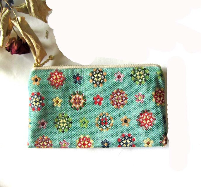 フランス生地　万華鏡と小花のポーチ（MS)　コインケース　コスメ入れ　薬入れ　カード入れ
