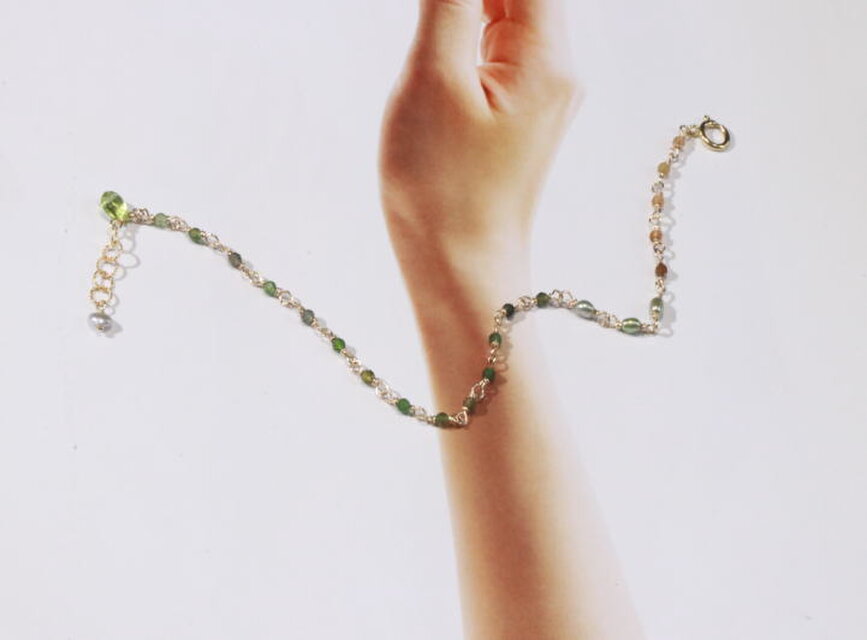 秋色トルマリンと淡水パールのブレスレット（K14gf)