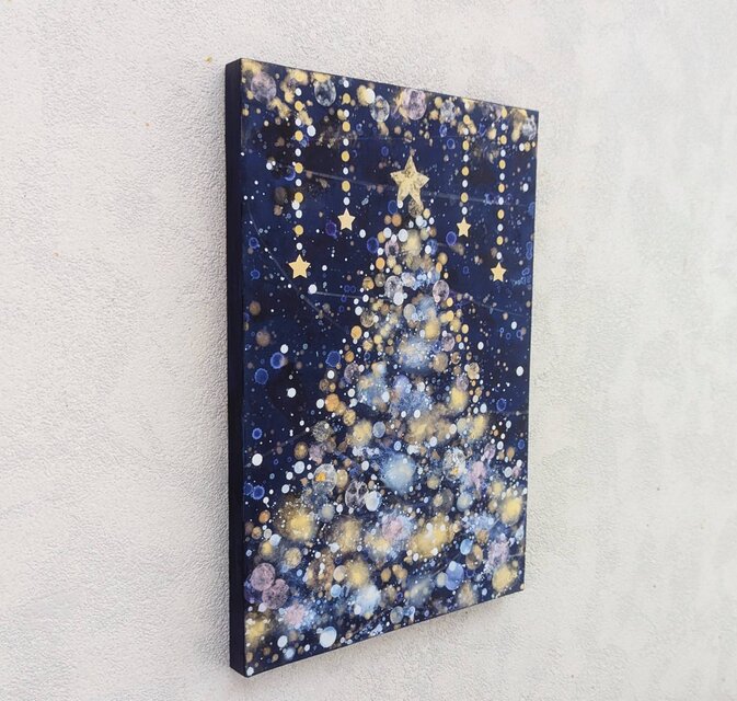 アクリル画　原画　「星降る夜のクリスマス03」額縁付　F3サイズ　キャンバス ホワイトクリスマス03」透明水彩画 原画 風景画 額縁付 ハガキサイズ