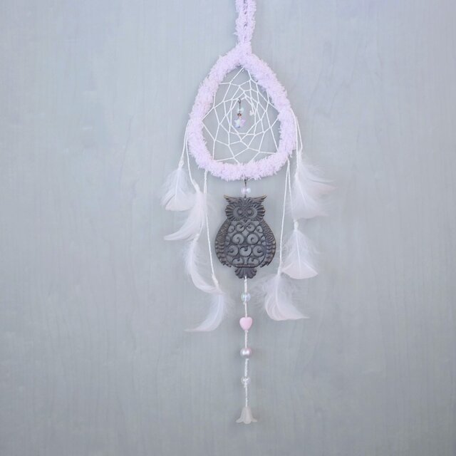 ドリームキャッチャー　フクロウ　ピンク　モコモコ　羽根　ハート　花　吊り飾り　インテリア