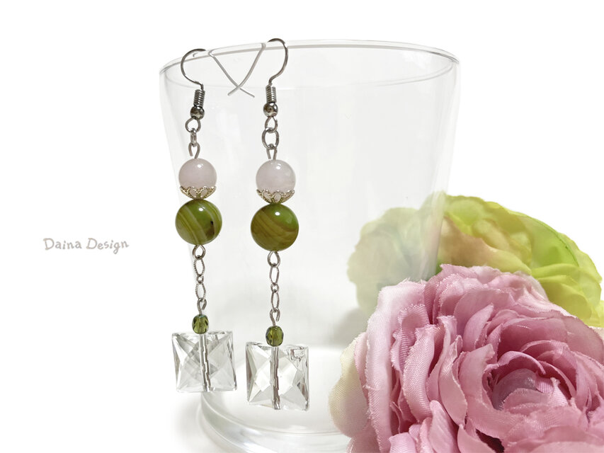 ローズクォーツ　アゲート　ピアス イヤリング　チェーン　緑 黄緑 ピンク 天然石 ☆ ダイナデザイン ☆ シルバー カラー