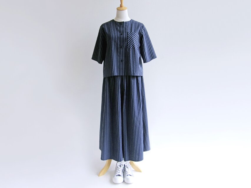 播州織サッカー生地＊季節の変わり目のツーピース（ストライプ柄）【受注製作】