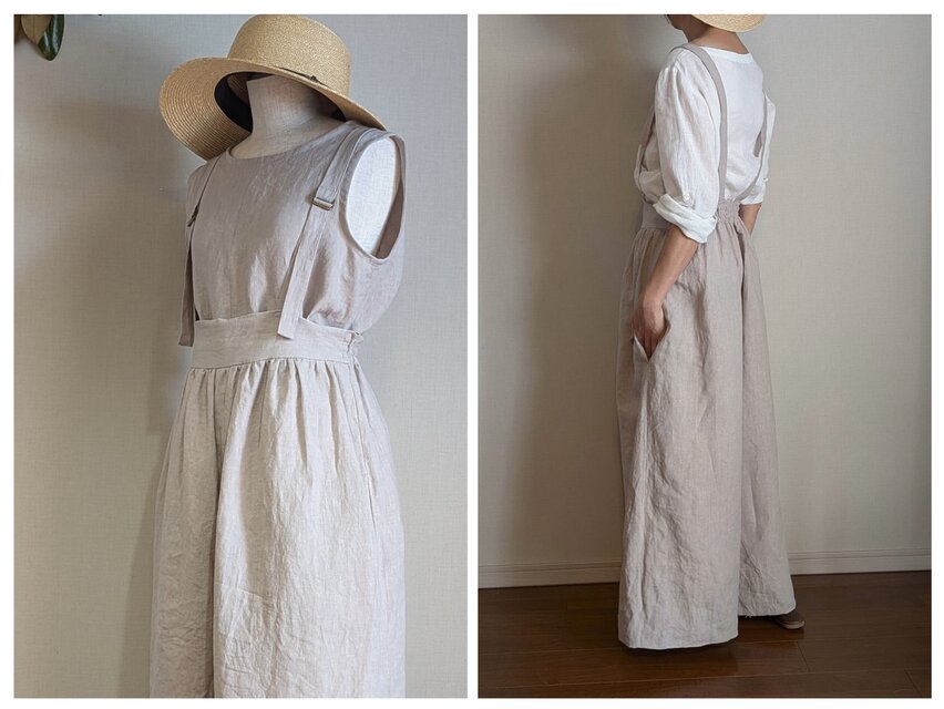 フレンチリネン ギャザーサロペットパンツ＿グレージュ