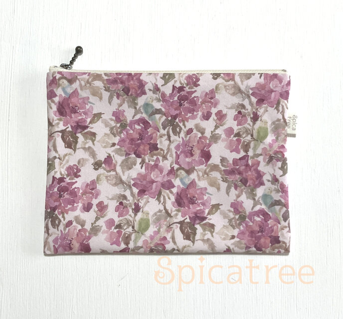 オリジナル柄布ポーチ「薔薇とセキセイインコ　ピンク」