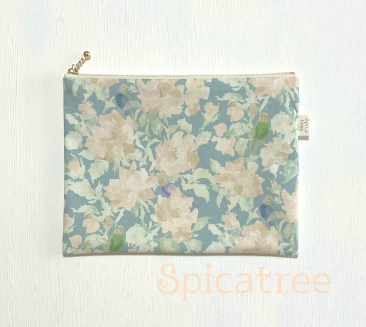 オリジナル柄布ポーチ「薔薇とセキセイインコ　ベージュ×渋ミント」