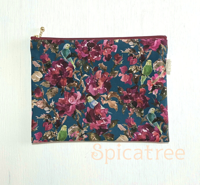 オリジナル柄布ポーチ「薔薇とセキセイインコ　ワインレッド×濃青緑」