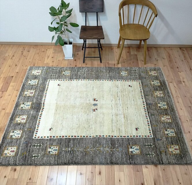 ペルシャ ギャッベ ラグ 195x153cm ベージュ グレー パネル RJ10714