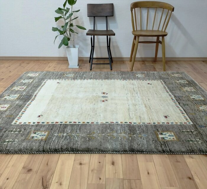 ペルシャ ギャッベ ラグ 195x153cm ベージュ グレー パネル RJ10714