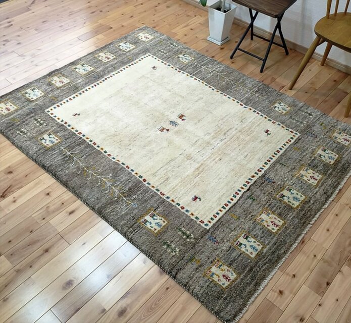 ペルシャ ギャッベ ラグ 195x153cm ベージュ グレー パネル RJ10714