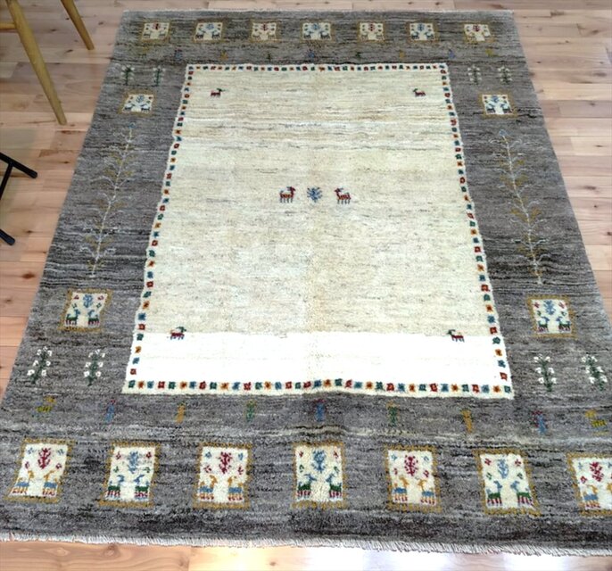 ペルシャ ギャッベ ラグ 195x153cm ベージュ グレー パネル RJ10714