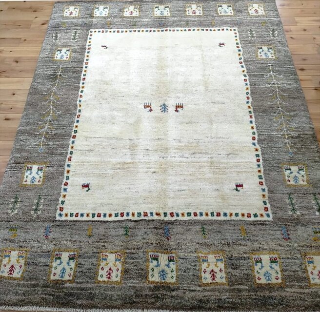 ペルシャ ギャッベ ラグ 195x153cm ベージュ グレー パネル RJ10714