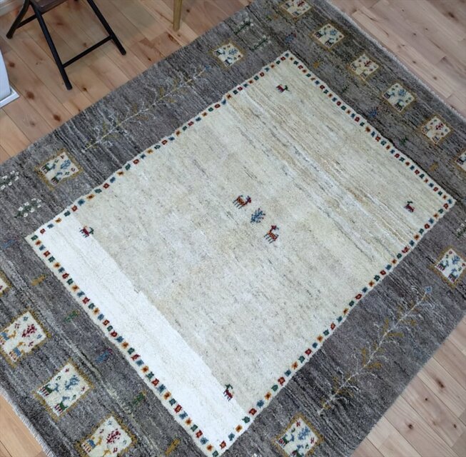 ペルシャ ギャッベ ラグ 195x153cm ベージュ グレー パネル RJ10714