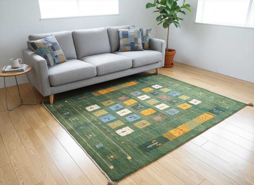 ペルシャ　ギャッベ　リビング　ラグ　188x156cm　パネル　緑色　RJ3780