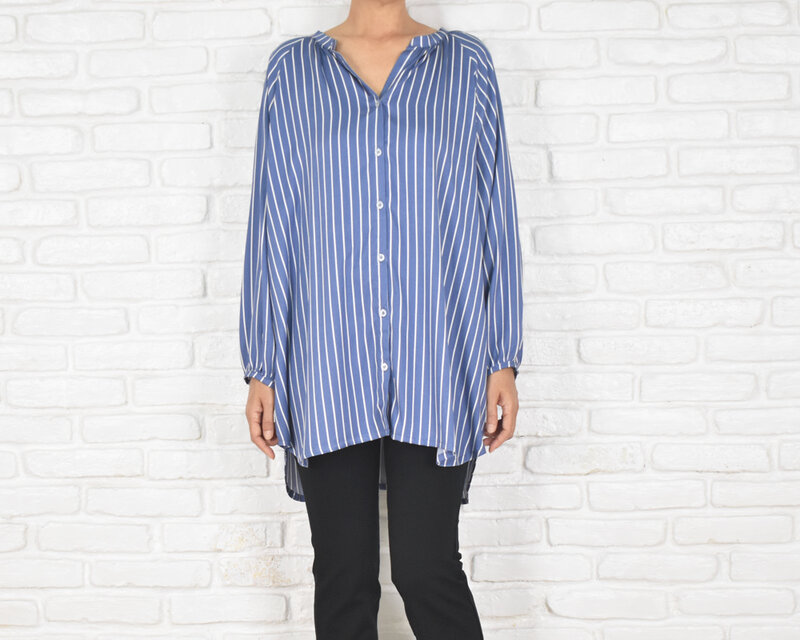 【新品同様¥47,300】ebureブランデーストライプリボンシャツ ブルー38 新品同様¥47,300】ebureブランデーストライプリボンシャツ