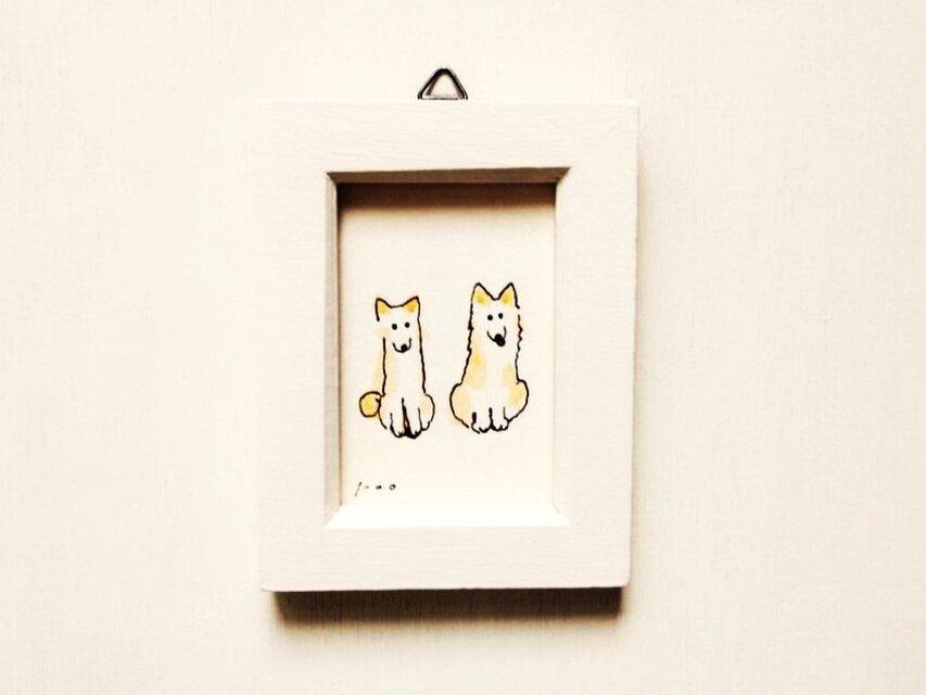 犬イラスト「二匹の犬」原画 ペン画 小さな絵 ※木製ミニ額縁入り