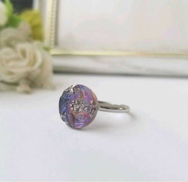 パープル フラワーモチーフ チェコガラスボタン リング cr0606