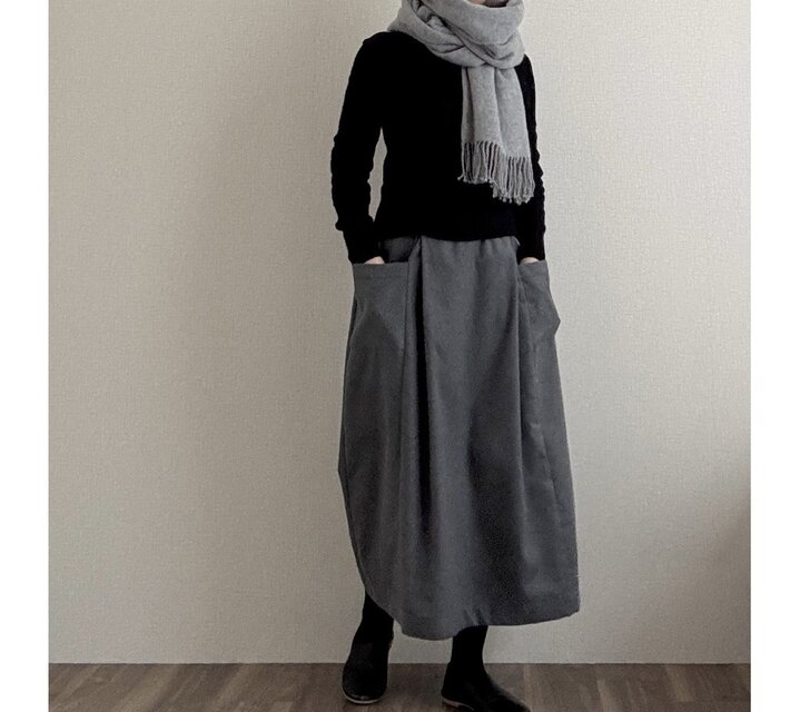 丈調整＊起毛コットンフランネルタックスカート＊チャコールグレー