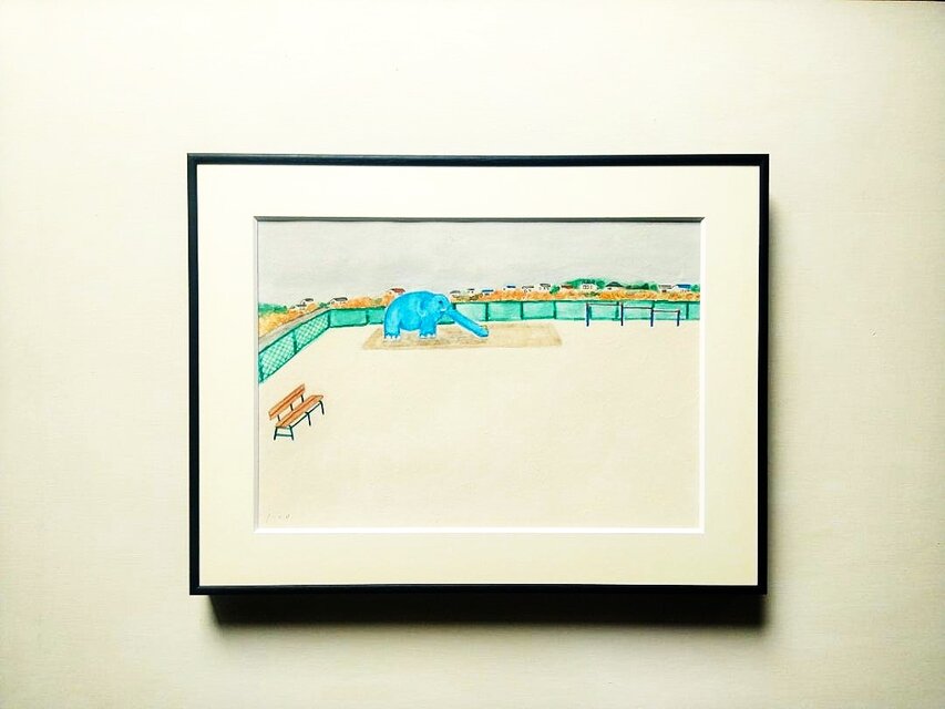 一点物｜風景画｜原画「青い象のいる広場」※額縁入り（太子サイズ