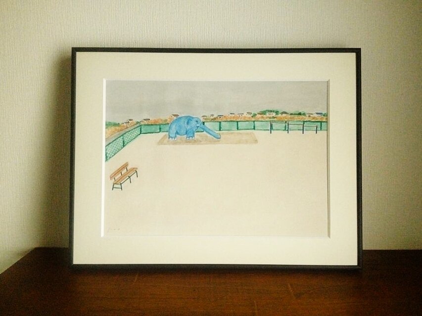 一点物｜風景画｜原画「青い象のいる広場」※額縁入り（太子サイズ