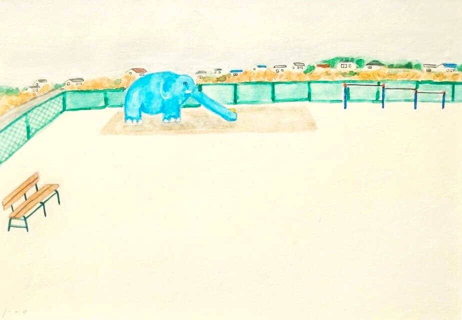 一点物｜風景画｜原画「青い象のいる広場」※額縁入り（太子サイズ