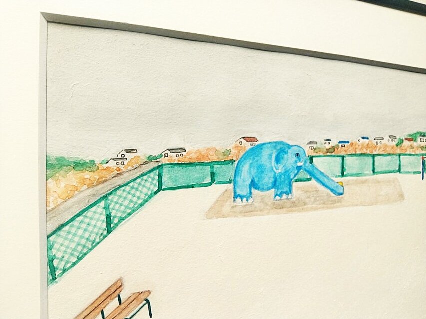 一点物｜風景画｜原画「青い象のいる広場」※額縁入り（太子サイズ