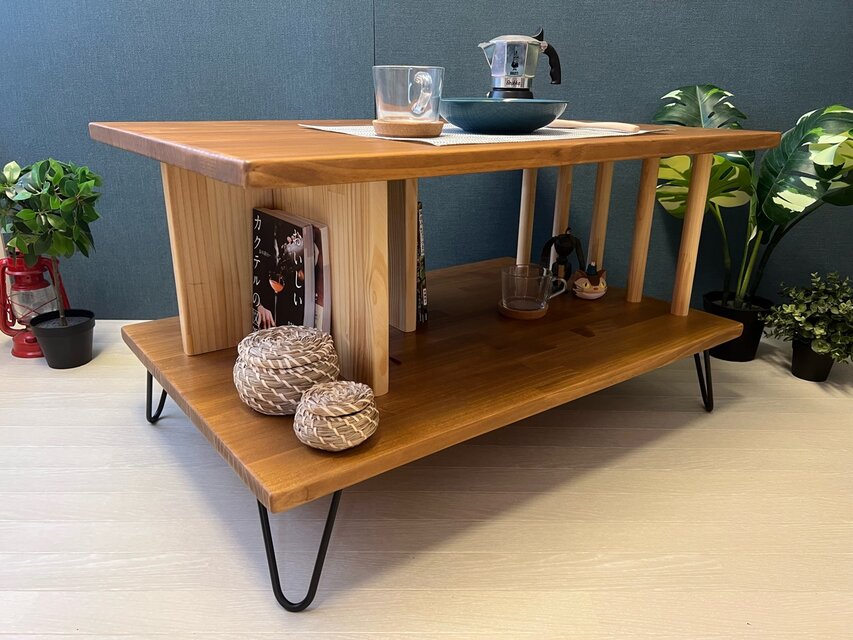 【送料無料】 ローテーブル アシンメトリー 収納付 モダン調 90cm 60cm 50cm パイン オーク調