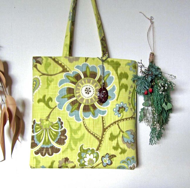 1点物フランス生地　綿麻　アートな向日葵　プランツのトートバッグ　ショルダーにも