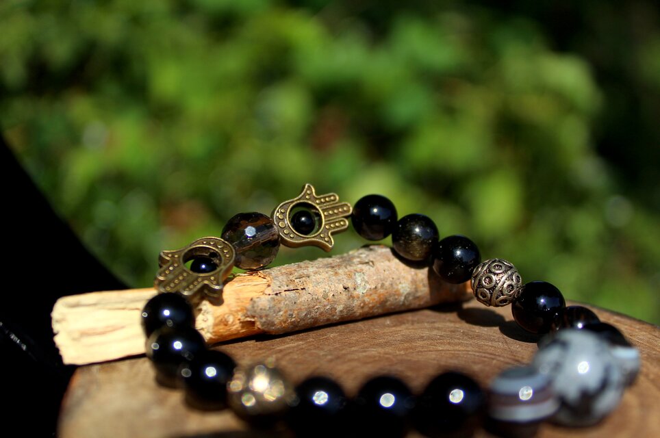 癒しのブレスレット レインボーオブシディアン、スノーフレクオブオブシディアン ハムサ