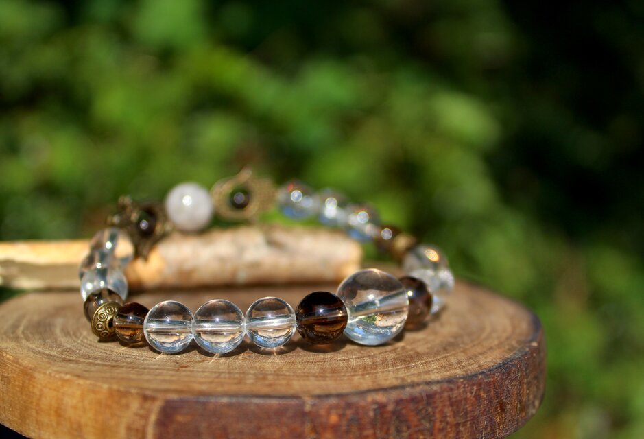 水晶、スモーキークォーツ、ブラックルチル ハムサハンドブレスレット