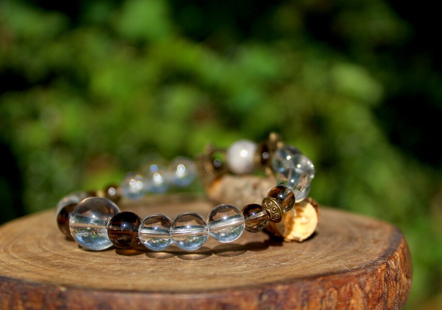 水晶、スモーキークォーツ、ブラックルチル ハムサハンドブレスレット