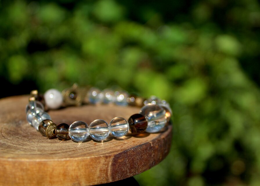 水晶、スモーキークォーツ、ブラックルチル ハムサハンドブレスレット