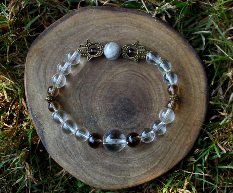 水晶、スモーキークォーツ、ブラックルチル ハムサハンドブレスレット