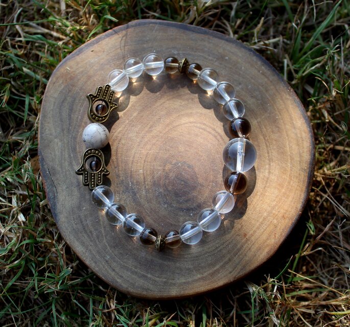 水晶、スモーキークォーツ、ブラックルチル ハムサハンドブレスレット