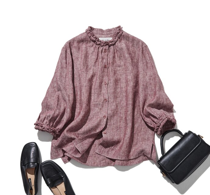 大人の上品で可愛らしい雰囲気をまとうリネン ブラウス　リネン100％　シャツブラウス 　レッド　250914-2