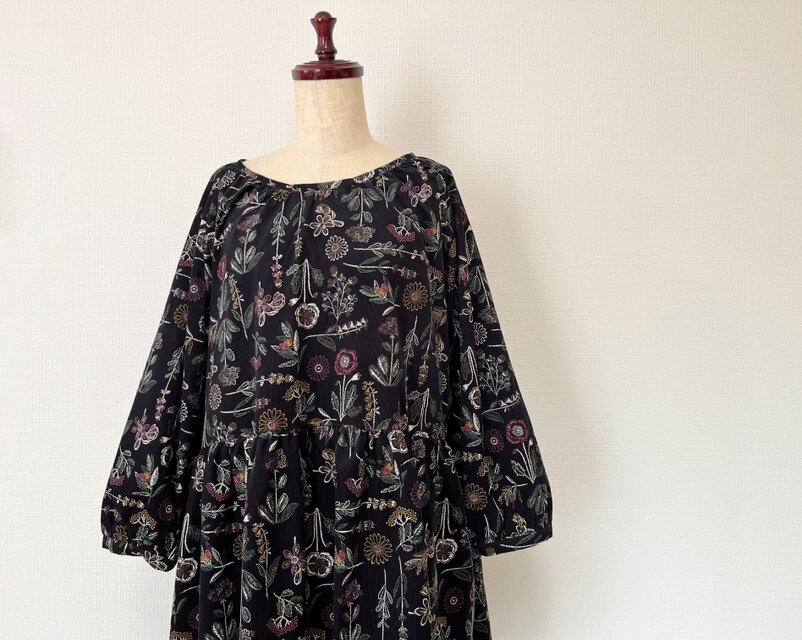 コットンハウスアヤ コーデュロイ花柄ブラウン長袖ワンピー