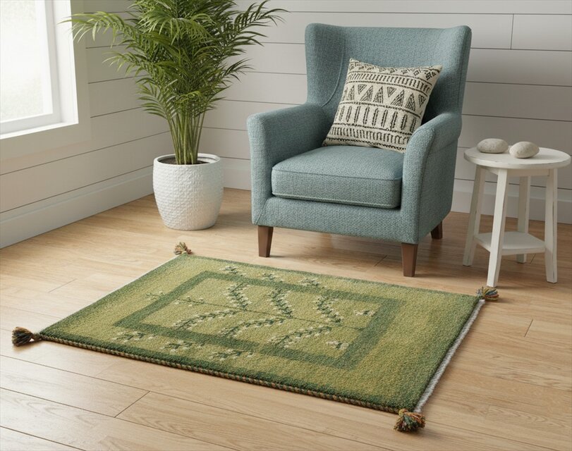 ペルシャ　ギャッベ 玄関マット　86x62cm 　黄緑色　緑色　生命の木　RJ7968