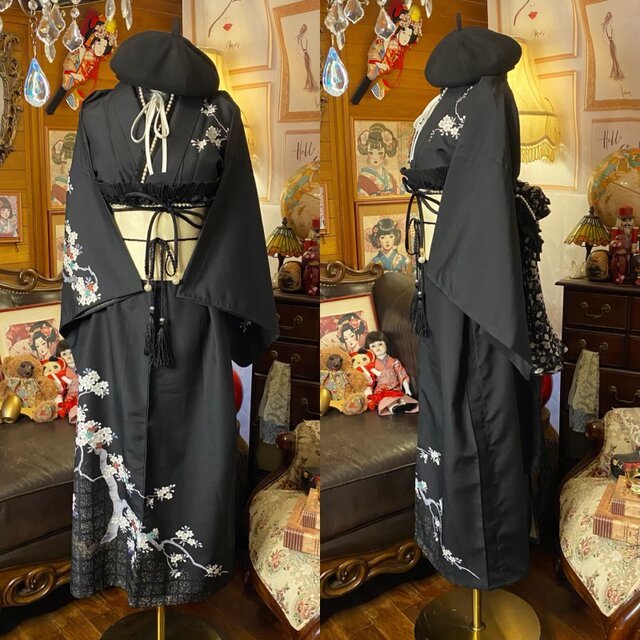 付け下げ着物 ロング ワンピース ドレス リメイク 重ね衿 襟 名古屋帯