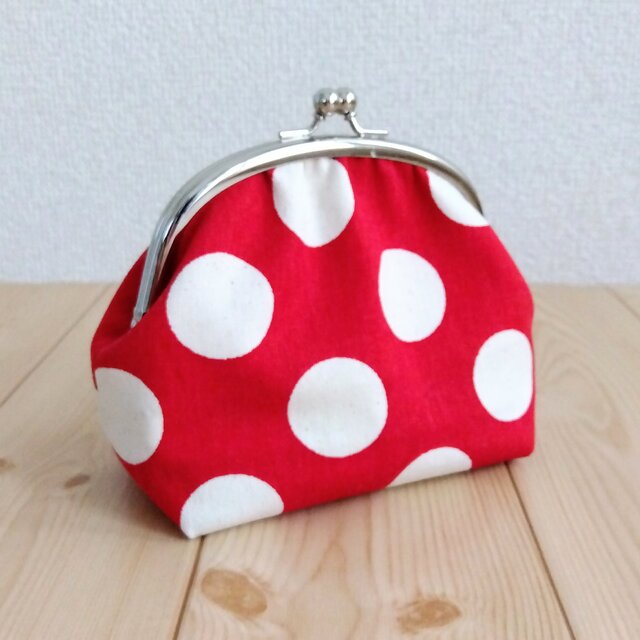 がま口ポーチ　12cm口金　ドット帆布　レッド　379