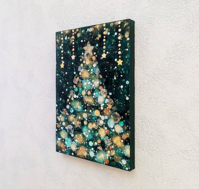 アクリル画　原画　「星降る夜のクリスマス05」額縁付き　SMサイズ　風景画 クリスマスツリーイルミネーショングリーンP2号(アクリル原画) | iichi