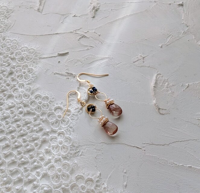 アンデシン＊淡水パール＊サファイア＊ロングピアス＊14kgfピアス＊no.736