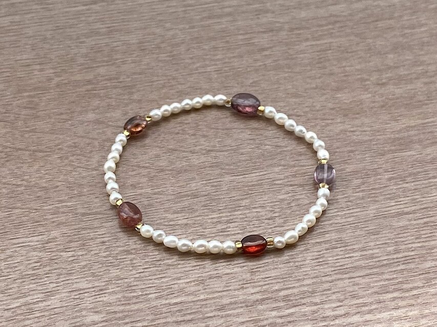 レッドパープル トルマリン 天然石 & パール ブレスレット