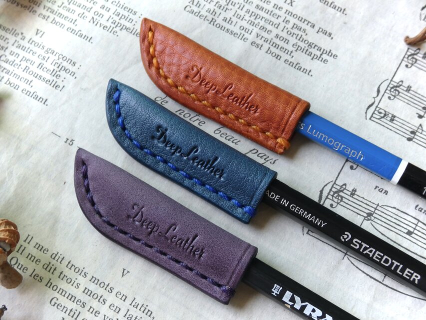 イタリア革の鉛筆キャップ／ペンシルキャップ／3個セット／オレンジ・ブルー・ラベンダー